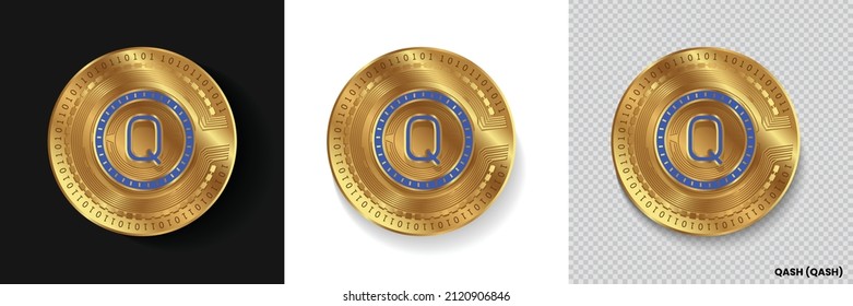 Set of Qash (QASH) crypto currency logo symbol vector isolated on white, dark and transparent background. Can be used as golden coin sticker, icon, label, badge, print design and emblem