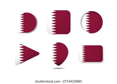 Set of Qatar Flag Icons  in Various Round, Square, and Triangular Shapes