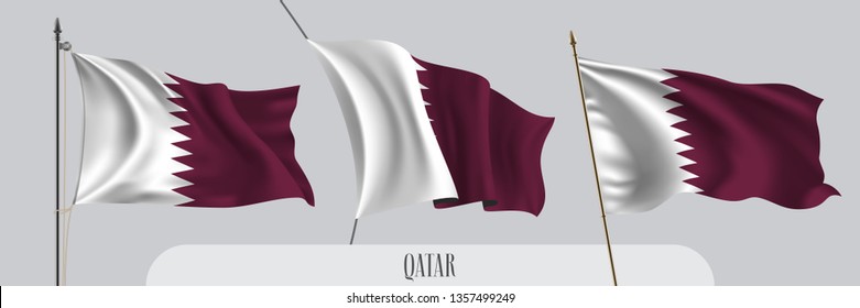 Set of Qatar waving flag on isolated background vector illustration. 3 red white Qatari wavy realistic flag as a patriotic symbol 