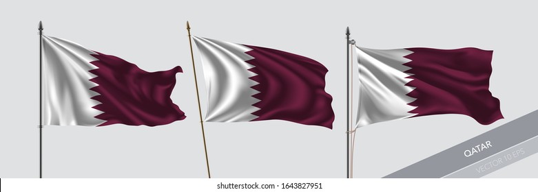 Set of Qatar waving flag on isolated background vector illustration. 3 Qatari wavy realistic flag as a symbol of patriotism
