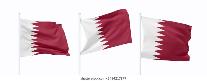 Set of Qatar waving flag on flagpole. Realistic 3d design flag flies on the wind on isolated white background. vector illustration