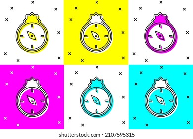 Set Qibla icon isolated on color background. Qibla Islamic Arab term used for the direction for offering a prayer, which is Kaaba in Mecca.  Vector