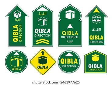 set of qibla sign for mosque or prayer room isolated. Eps (translation text qibla = pray direction)