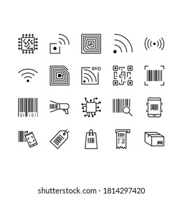 Conjunto de códigos QR, iconos de línea vectorial de código de barras. Contiene iconos como chip RFID inalámbrico y escáner de identificación de radiofrecuencia, código de paquete, código de barras y más. Trazo editable.