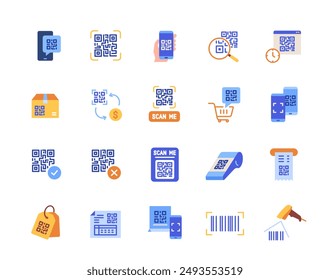 Set of QR Code icons. Colorful symbols with qr code on smartphone screen, scanning barcode on receipt for contactless payment. Flat vector illustration collection isolated on white background