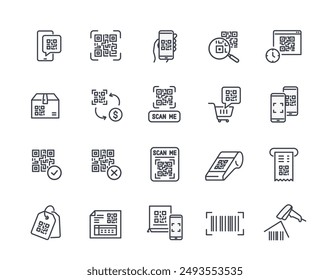 Conjunto de iconos de línea de código QR. Señales con escaneo de código QR para el pago, código de barras en el paquete o el Comprobante. Trazo editable. Colección de Ilustración vectorial de contorno aislada sobre fondo blanco