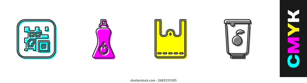 Defina o código QR, a garrafa de molho, o saco de compras de papel e o ícone do recipiente de iogurte. Vetor