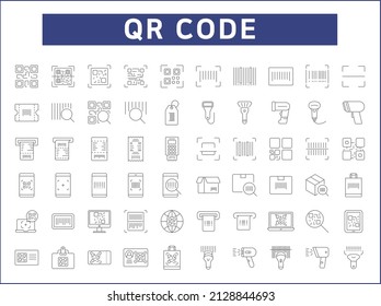 Set of QR code and scan icons line style. It contains such Icons as bar code, label, qr, tag, scanner, pay, digital and other elements.