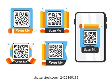 Set of QR code stickers flanked by pencils, with Scan Me text, designed for interactive engagement
