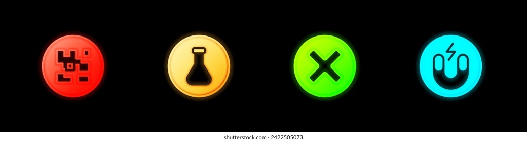 Set QR code, Test tube and flask, X Mark, Cross in circle and Magnet icon. Vector