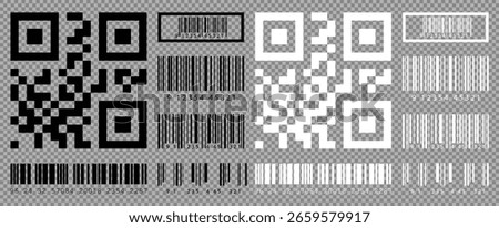 Set of QR Codes and Barcodes in Black and White on Transparent Background