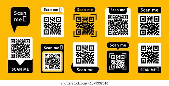 Set of QR codes with inscription scan me with smartphone. Scan qr code icon. Qr code for payment, mobile app and identification. Vector illustration.