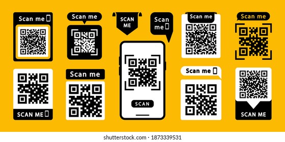 Set of QR codes with inscription scan me with smartphone. Scan qr code icon. Qr code for payment, mobile app and identification. Vector illustration.