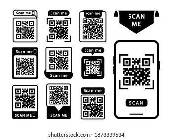 Set of QR codes with inscription scan me with smartphone. Scan qr code icon. Qr code for payment, mobile app and identification. Vector illustration.