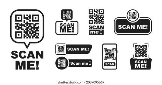 Set of QR codes with inscription scan me with smartphone. Scan qr code icon. Qr code for payment, mobile app and identification. Vector illustration.