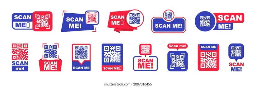 Set of QR codes with inscription scan me with smartphone. Scan qr code icon. Qr code for payment, mobile app and identification. Vector illustration.