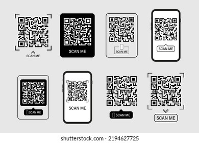 Set of QR codes with inscription scan me. Scan qr code icon. Qr code for payment, mobile app and identification. Vector illustration. 