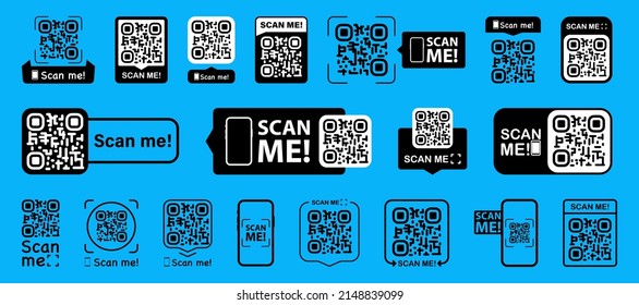 Set von QR-Codes mit Scan-mir-Einschreibung mit Telefon. Qr-Code für Bezahlung, E-Wallet, Web, Mobile App. UI UX Design-Element. Inschriftensuche mich. Strichcode-Prüfung auf Smartphone. Mobile Zahlung und Identität