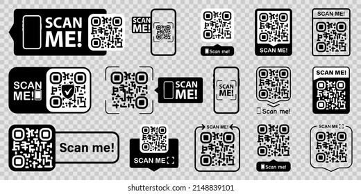 Set of QR codes with scan me inscription with phone. Qr code for payment, e-wallet, web, mobile app. UI UX design element. Inscription scan me. Barcode scan for smartphone. Mobile payment and identity