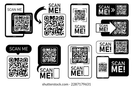 Set of QR codes with scan me text. Qr code for payment, e-wallet, web, mobile app. UI UX design element. Barcode scan for smartphone. Mobile payment and identity. Vector illustration