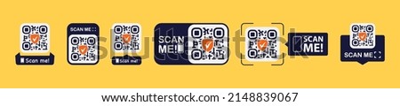 Set of QR codes with scan me inscription with phone. Qr code for payment, e-wallet, web, mobile app. UI UX design element. Inscription scan me. Barcode scan for smartphone. Mobile payment and identity