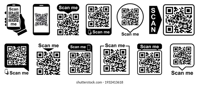 Set QR - Quick Response Code, Inscription scan me, Qr code for smartphone, payment, mobile app scan, QR code collection – vector