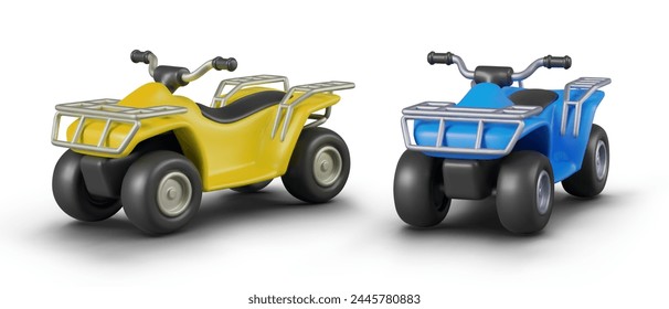 Set of quad bikes of different colors. Realistic blue and yellow ATV, vector templates