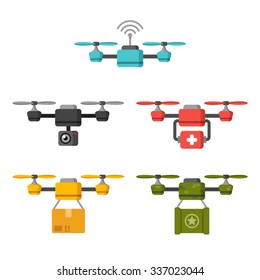 Set of quadcopter aerial drones with different functions: surveillance, delivery, medical, military. Flat vector illustration.