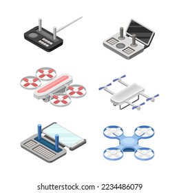 Set of quadcopters and aerial drones. Unmanned aircrafts drones with controllers vector illustration