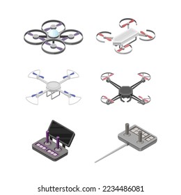 Set of quadcopters and aerial drones. Unmanned aircrafts with controllers. Electronics drones for surveillance, delivery, military and medical support vector illustration