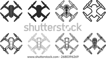 Set of quadcopters, combat drones for reconnaissance or surveillance, icons of attack drones quadcopters, set of vector icons of quadcopters.