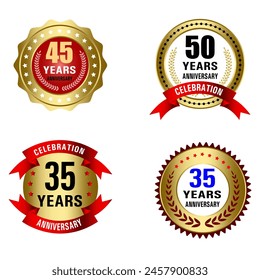 Set von Qualitätsabzeichen und Etiketten Design-Elemente. Goldene Abzeichen Etiketten und Lorbeer Retro Vintage Kollektion. Emblem Premium Luxus-Logo in Retro-Stil Pfeile Rahmen Vektorgrafik Vorlage Abzeichen Kollektion.