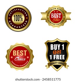 Set von Qualitätsabzeichen und Etiketten Design-Elemente. Goldene Abzeichen Etiketten und Lorbeer Retro Vintage Kollektion. Emblem Premium Luxus-Logo in Retro-Stil Vorlage Abzeichen Kollektion.