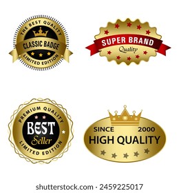 Set of Quality Badges and Labels Design Elements. Golden badge labels and laurel retro vintage collection. Emblem premium luxury logo in retro style template badges collection.