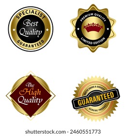 Set of Quality Badges and Labels Design Elements. Golden badge labels and laurel retro vintage collection. Emblem premium luxury logo in retro style template badges collection.