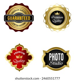 Set of Quality Badges and Labels Design Elements. Golden badge labels and laurel retro vintage collection. Emblem premium luxury logo in retro style template badges collection.
