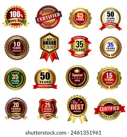 Set of Quality Badges and Labels Design Elements. Golden badge labels and laurel retro vintage collection. Emblem premium luxury logo in retro style template badges collection.