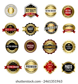 Set of Quality Badges and Labels Design Elements. Golden badge labels and laurel retro vintage collection. Emblem premium luxury logo in retro style template badges collection.