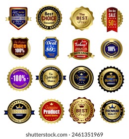 Set of Quality Badges and Labels Design Elements. Golden badge labels and laurel retro vintage collection. Emblem premium luxury logo in retro style template badges collection.
