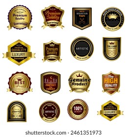 Set of Quality Badges and Labels Design Elements. Golden badge labels and laurel retro vintage collection. Emblem premium luxury logo in retro style template badges collection.