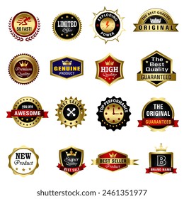 Conjunto de Insignias de Calidad y Elementos de diseño de Etiquetas. Colección vintage retro de laurel y etiquetas con insignia dorada. Logotipo premium de lujo en estilo retro insignias de Plantilla de colección.