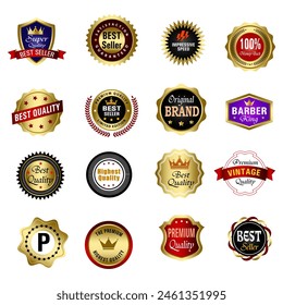 Set of Quality Badges and Labels Design Elements. Golden badge labels and laurel retro vintage collection. Emblem premium luxury logo in retro style template badges collection.