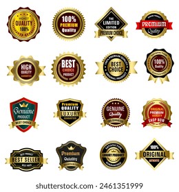 Set of Quality Badges and Labels Design Elements. Golden badge labels and laurel retro vintage collection. Emblem premium luxury logo in retro style template badges collection.