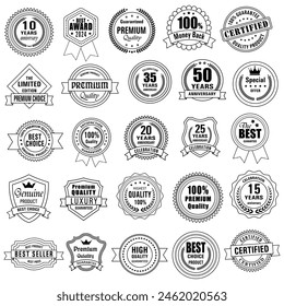 Conjunto de Insignias de Calidad y Elementos de diseño de Etiquetas. Colección vintage retro de laurel y etiquetas con insignia dorada. Logotipo premium de lujo en estilo retro insignias de Plantilla de colección.