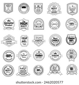 Set of Quality Badges and Labels Design Elements. Golden badge labels and laurel retro vintage collection. Emblem premium luxury logo in retro style template badges collection.