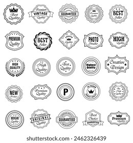 Set of Quality Badges and Labels Design Elements. Golden badge labels and laurel retro vintage collection. Emblem premium luxury logo in retro style template badges collection.