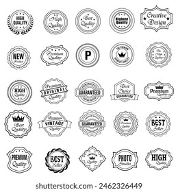 Set of Quality Badges and Labels Design Elements. Golden badge labels and laurel retro vintage collection. Emblem premium luxury logo in retro style template badges collection.