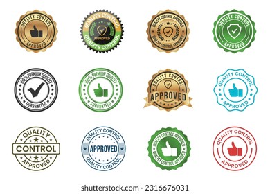 Set Quality Control Approved Stamp, Badge, Icon, Seal, Emblem, Quality Assurance Label, Quality Concept, Service, Controller, Patch, Rubber, Product, Sticker, Vector Illustration Grunge