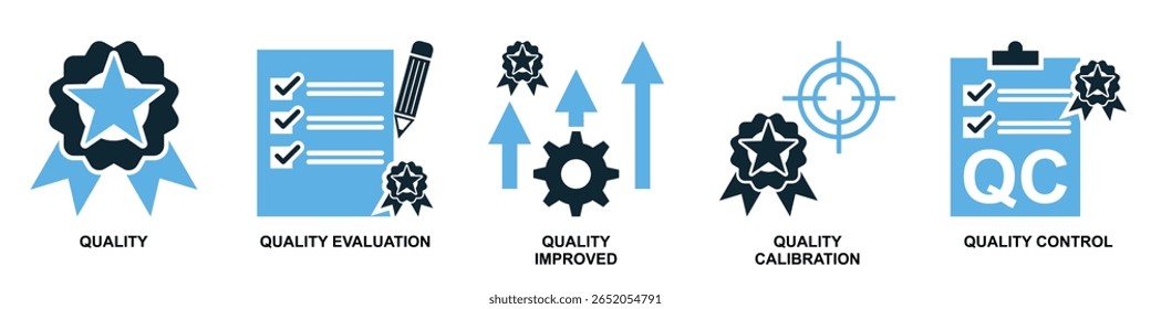 Conjunto de ícone de controle de qualidade vetor, representando padrões, inspeção e excelência. Ideal para empresas, indústrias de manufatura ou serviços que precisam de recursos visuais para garantia e melhoria.