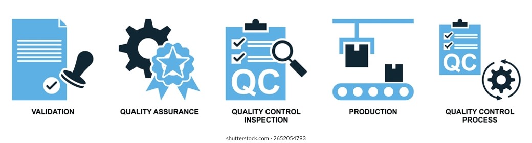 Conjunto de ícone de controle de qualidade vetor, representando padrões, inspeção e excelência. Ideal para empresas, indústrias de manufatura ou serviços que precisam de recursos visuais para garantia e melhoria.